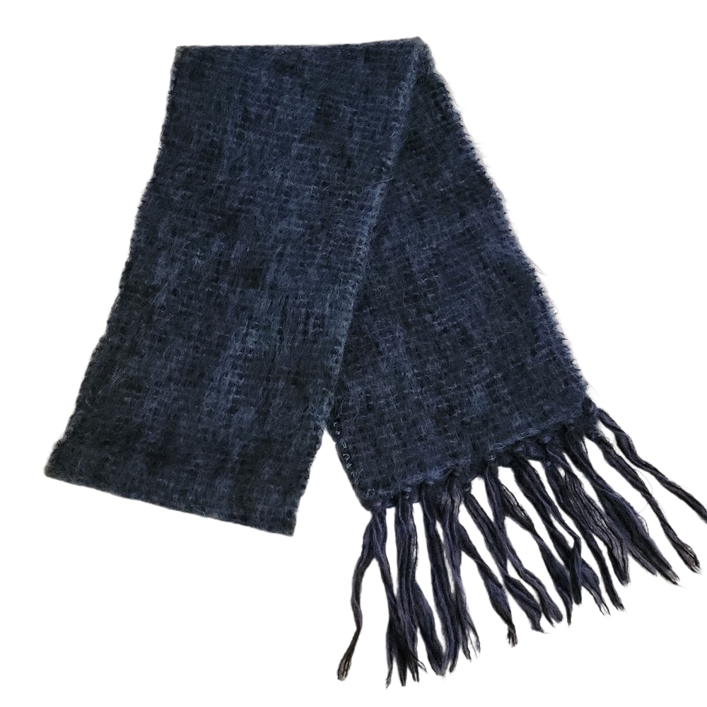 VINTAGE Mohair Blend Fringed Scarf navy blue one size